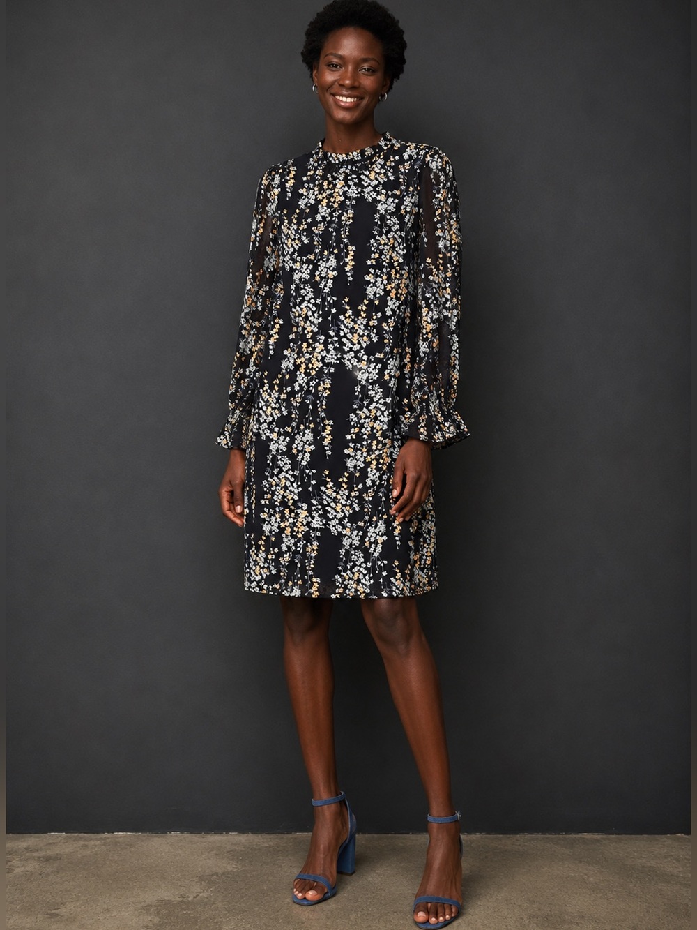 KOJOOIN Navy Floral Long-Sleeve Shift Dress